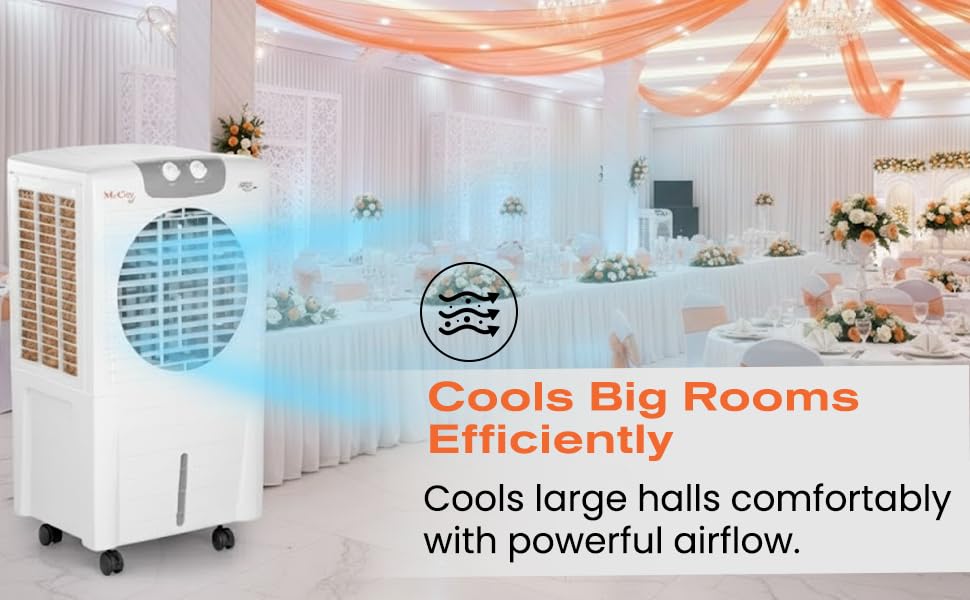 Image of McCoy Shagun Desert Air Cooler | Portable Room Cooler with Wheels | 75L Water Tank Capacity | Multiple Speed Control | Honeycomb Cooling Pad | 225W | Ice Chamber | White