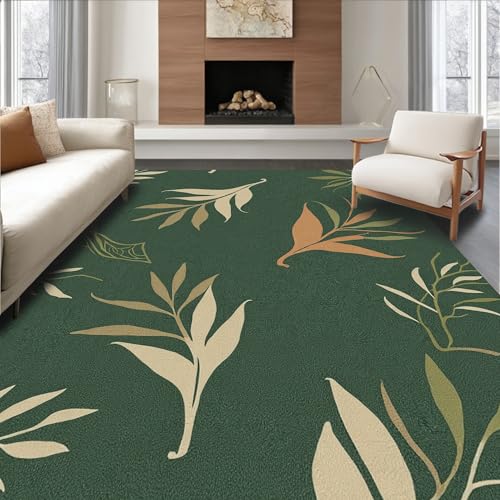 ODIKA Flatwoven High Traffic Area Rug 6x9, Forest Edge Deer and Tropical Leaf Layered Design, Non Slip, Stain Resistant, Washable Area Rugs for Living Room, Bedroom (Green, 6x9)