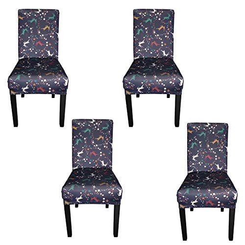 Trimming Shop Chair Covers Christmas Dining Chair Protector, Stretch Removable Washable Spandex Slipcovers for Kitchen, Banquet Chairs, Ceremony, Hotel, Reindeer Printed, Navy Blue, 4pcs