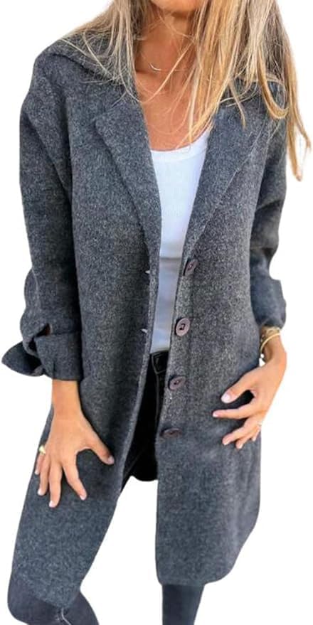 Women's Solid Color Cardigan Long Coats Casual Button Winter Jackets for Women Trench Coat with Pockets
