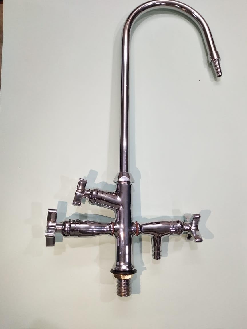 LABSURGE Full Brass Lab Cock Three Way Tap | Three Outlet Tap - with 360 Degree Swivel Brass Spout | Deck Mount Installation Type - Chrome Plated