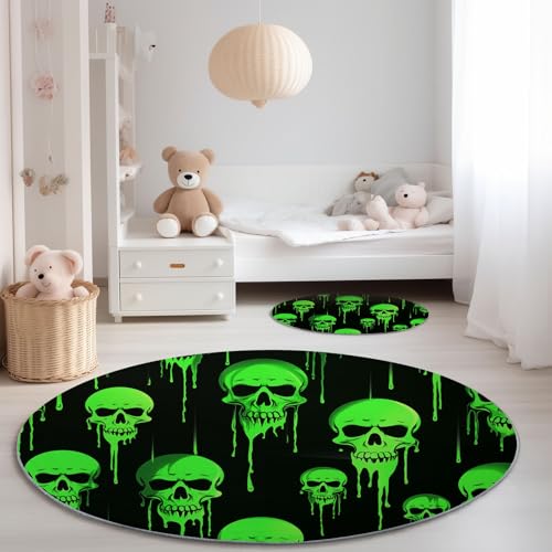 Genérico Alfombra Redonda para Sala de Estar 90 cm, Gótico Fantasía Calavera Neón Imprimir Pelo Corto Franela Alfombra Redonda - Negro Verde Antideslizante Lavable Alfombras para Dormitorio