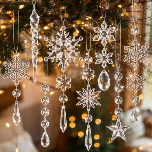 Crystal Ornaments for Christmas Tree Winter Wonderland Decorations | 20pcs, acrylic, snowflake, icicle hanging ornaments with drop pendants, for chandelier tree, New Year decor