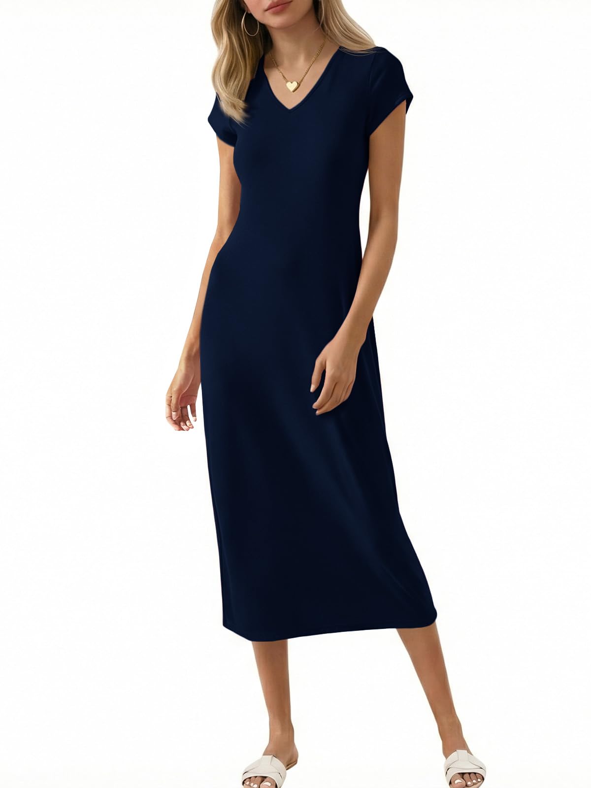 Wenrine Damen Kurzarm Midi Kleid V Ausschnitt Lange Kleider Einfarbige Sommer T-Shirt Kleid