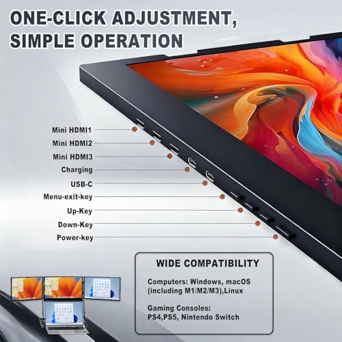 Image of 15.6 inch Laptop Screen Extender, Tri-Screen Monitor for Laptop, 1080P FHD IPS Display, 100% sRGB, HDMIs /USB-C Pulg n Play, Compatible with Mac /Windows /Linux