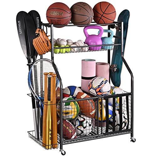 Mythinglogic Garage Sports Equipment Organizer, Ball Storage Garage Large Capacity, Sports Organizer for Garage with Hooks and Baskets, Ball Organizer for Garage for Football, Soccer Ball, Bat, Toys
