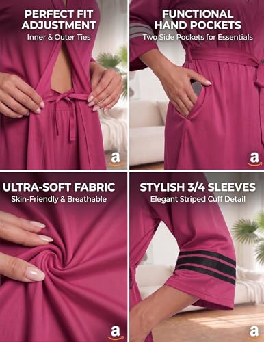Image of Ekouaer Womens Robe Lightweight 3 /4 Sleeve Bathrobe Soft Short Knit Sleepwear with Pockets