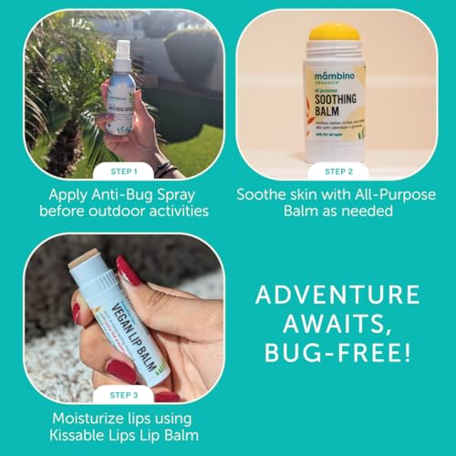 Image of Mambino Organics Outdoor Set, DEET-Free Anti-Bug Spray, Soothing Balm, Vegan Lip Balm, Organic Ingredients, No Animal Testing, 4 fl oz