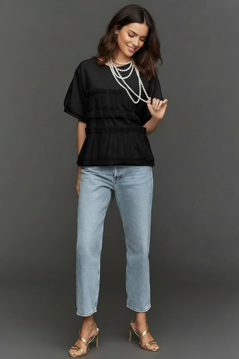 VAOYIU Women Elegant Lace Pleated Mesh Layered Blouse Short Puff Sleeve Round Neck Top Sparkling Ruffled Patchwork Shirt - Image 2