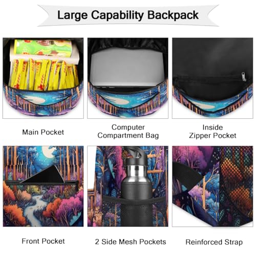 Sac à dos d'école robuste grand volume imprimé paysage forêt 3D