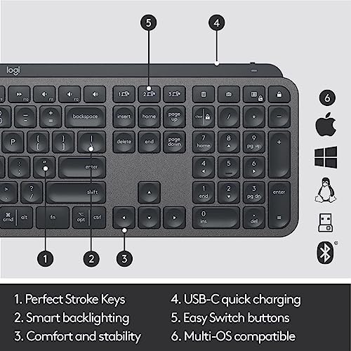 Image of Logitech MX Keys Advanced Illuminated Wireless Keyboard, Bluetooth, Tactile Responsive Typing, Backlit Keys, USB-C, PC /Mac /Laptop, Windows /Linux /iOS /Android - Graphite /Black