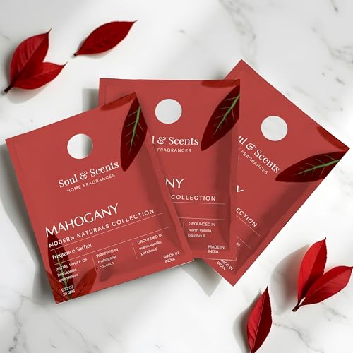 Image of Soul & Scents Mahogany Fragrance Sachet | A Rich & Warm Scent of Woods | Long-Lasting Air Freshener for Car, Wardrobe, Kitchen, and Travel Bag | Pack of 3-20gm Each
