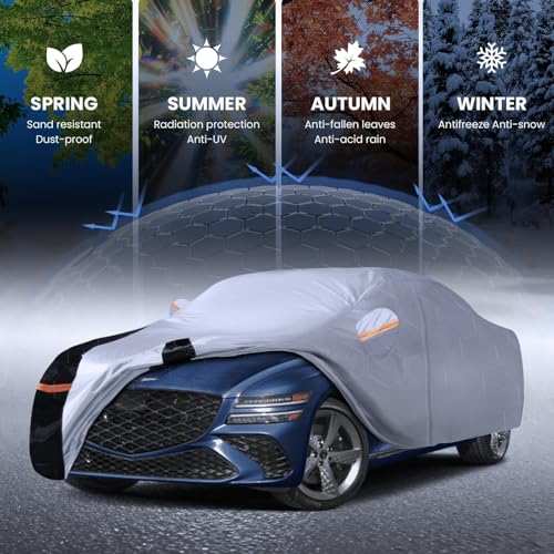 Image of Multi-Layer Car Cover Custom Fit for Genesis G80 (2016-2026), 100% Waterproof All Weather for Automobiles, Gift with Towel, Heavy Duty Car Covers for Rain Sun UV Protection with Door Zipper.