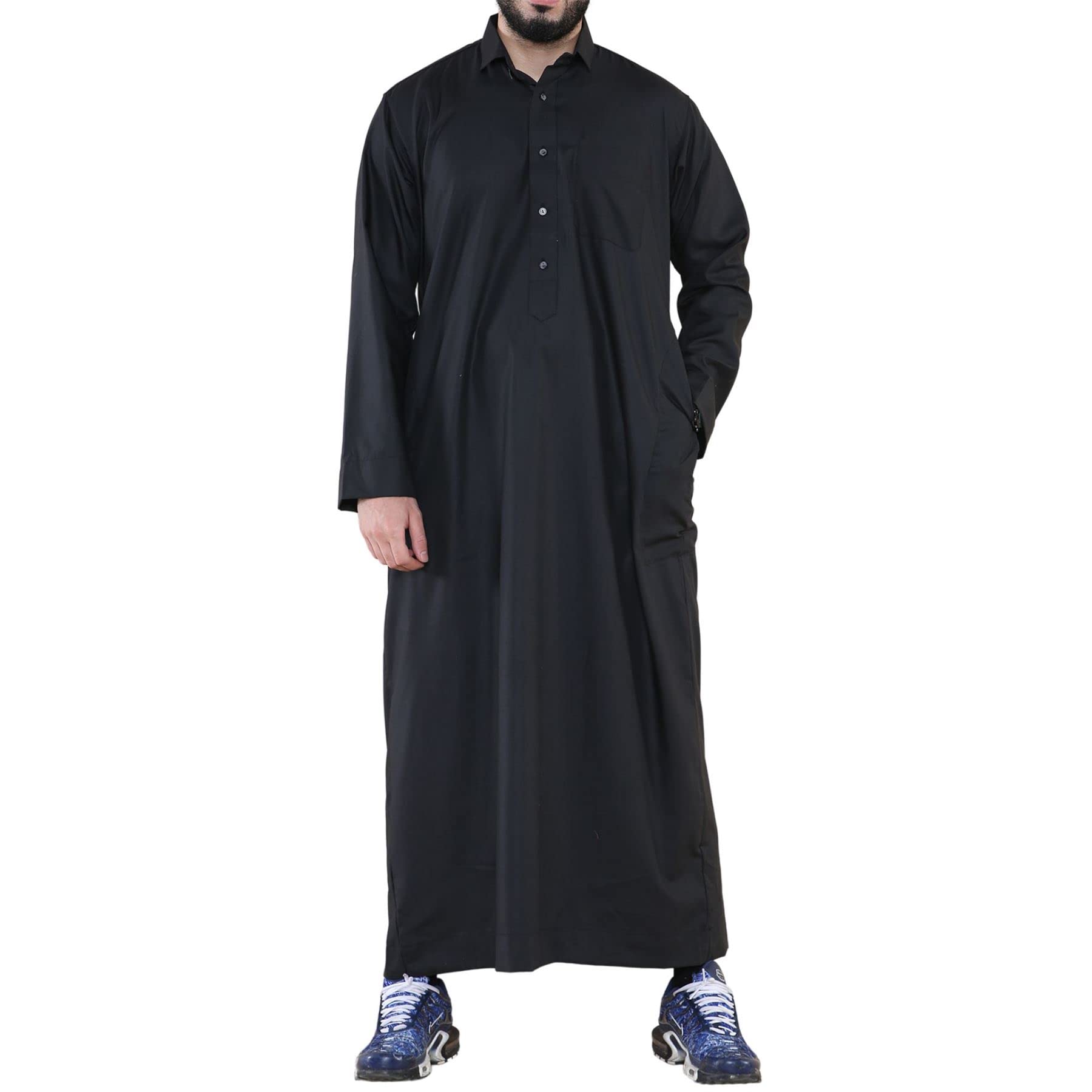 Truclothing Men's Black Thobe Jubba Turn Down Collar Islamic Muslim Cotton Kaftan Dress Robe Arabic - L - 56