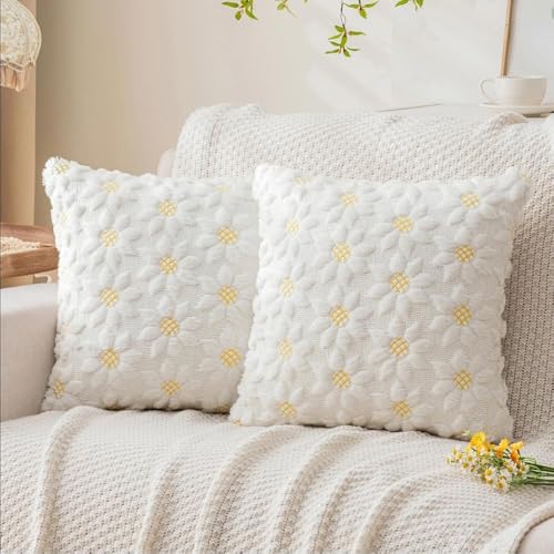 CJWLKJ Spring Summer Throw Pillow Covers 18x18 inch Set of 2, Farmhouse Decor Yellow Color Flower Heart Sunflower Soft Plush Faux Fur Jacquard Pillow Cases for Sofa Holiday Spring Home Decor by CJWLKJ - Used condition - CA$15.71