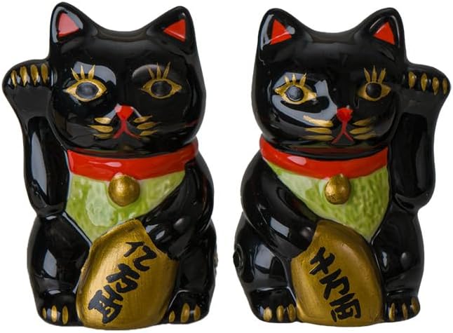 Pacific Giftware Attractive Lucky Fortune Cat Magnetic Ceramic Salt and Pepper Shaker Set Black Japanese Maneki Neko Design Kitchen Dinning Table Decor 3.5"H