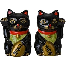 Summit Collection Gifts Attractive Lucky Fortune Cat Magnetic Ceramic Salt and Pepper Shaker Set Black Japanese Maneki Neko Design Kitchen Dinning Table Decor 3.5"H