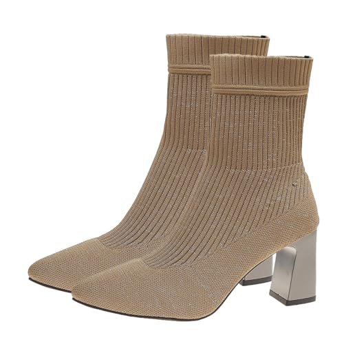 Bottines tricot extensibles kaki avec talon épais un design haut de gamme