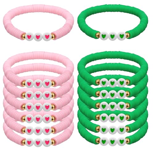 24 Pcs Pink Green Witch Party Favors Gifts Bracelets Polymer Clay Beaded Friendship Bracelets for Witch Party (Heart Style)