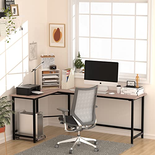 Vecelo Large Corner Computer Desks L-Shaped With Cpu Stand/Pc Laptop Study Writing Table Workstation For Home Office Wood & Metal, 66.3X18.9 Inch, Oak #TOP1