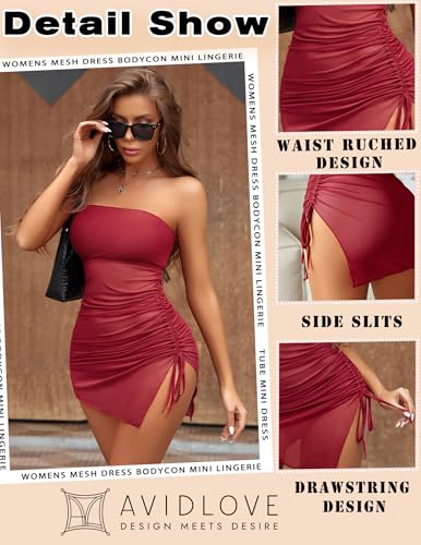 Image of Avidlove Womens Mesh Bodycon Mini Lingerie Dress Y2k Clubwear Outfits | Y2K Mesh Dress, Ruched Drawstring Waist, Sexy Side Slits, Tube Top Backless, Night Clubwear, Mini-length, Sleeveless