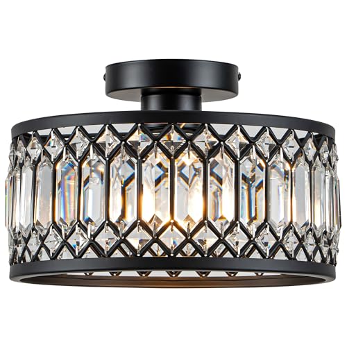 Rpzloila Crystal Ceiling Light Fixture, Modern Flush Mount Ceiling Light, Black Crystal Chandelier for Kitchen Bedroom Bathroom Entryway Hallway