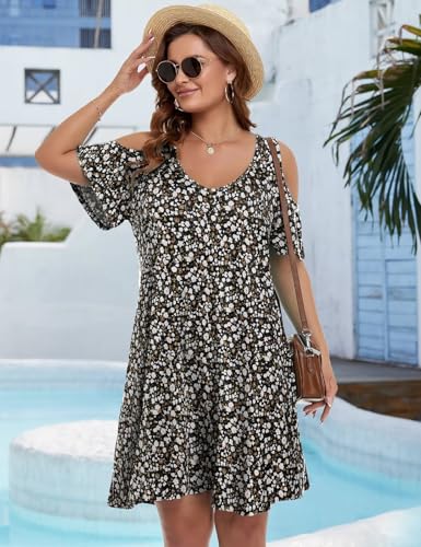 Image of JollieLovin Womens Plus Size Short Sleeve Cold Shoulder V Neck T-Shirt Dress with Pockets