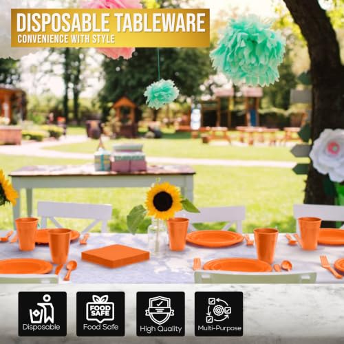 Image of Exquisite 350 Pcs Orange Plates and Napkins Party Supplies Plate Sets | Sturdy Plastic Dinnerware Set With 9 inch & 7 inch Plates, 12 Oz Cups, Lunch Napkins and Cutlery Serves 50 for Birthdays & Everyday