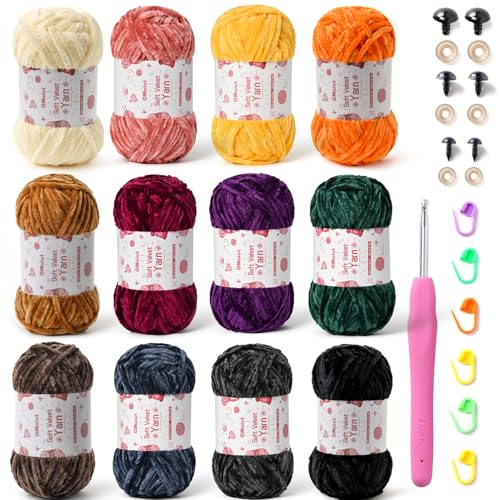 Image of 12 Pack Chenille Chunky Yarn - Baby Yarn for Crocheting Soft - Red Purple Green Pink Gray Blue Black White Velvet Yarns Crochet Blanket - Amigurumi Yarns Pack with Crochet Accessories F