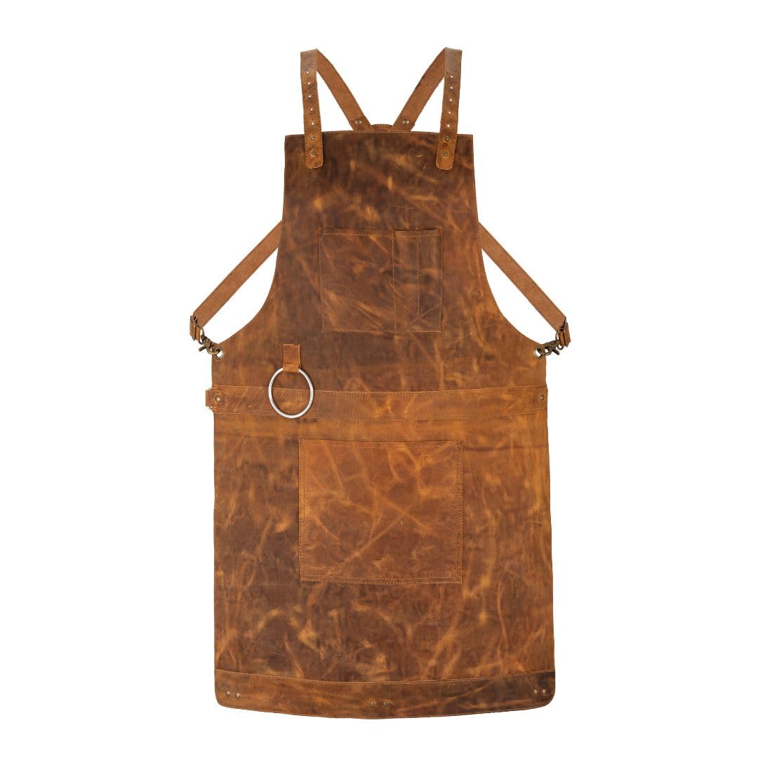 Crazy Horse Pull up Crossbody Leather apron Butcher, Cook, BBQ Grill, Chef, Woodwork, Apron (Tan Brown)