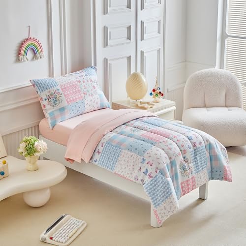 Image of Joyreap 4 Piece Toddler Bedding Set- Pink n Blue Patchwork Design, Microfiber Toddler Bedding Comforter Set for Girls