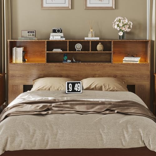 Apicizon King Size Headboard Only King Bookcase Headboard with Charging Station Storage Wooden Head Board with USB & 2 Power Outlets for Bedroom Brown