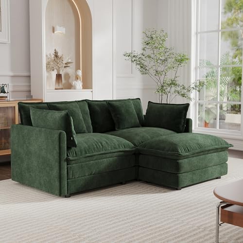KEIKI 77" L-Shaped Oversized Chenille Modular Sectional Loveseat Sofa with 1 Ottoman, High-Density Foam Cushion, Modern Style 2-Seater Fluffy Corner Couch with 4 Pillow, for Living Room, Green by KEIKI - Image 5