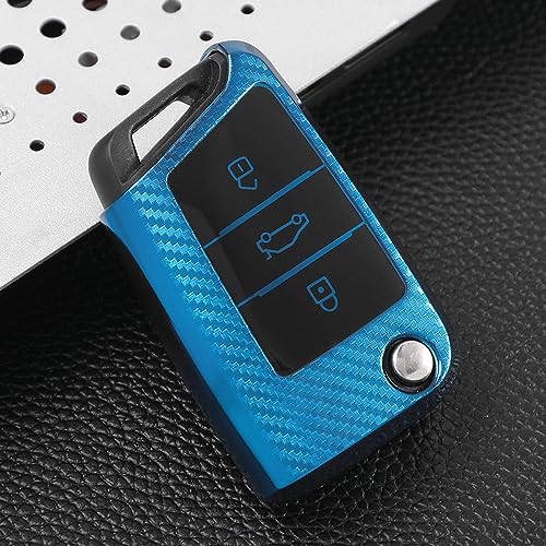 KUNIO Flip Key Fob Cover fit for VW Golf 7 MK7 Polo T-ROC Tiguan fit for Skoda Superb Octavia fit for Seat Cupra Ateca Leon Ibiza Car Key Cover Key Bag TPU Key Cover Case 3 Buttons Blue - Image 3