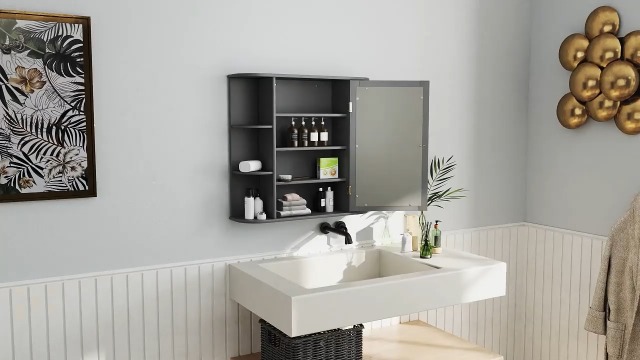 Armadietto A Parete Con Specchio GIANTEX, 2 Ante E 3 Ripiani, 56x13x58 Cm, Per Bagno E Cucina - Colore Grigio