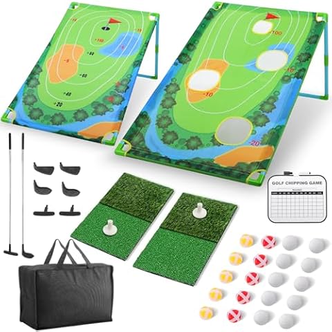 Golf Chipping Game for Backyard Driving Indoor Outdoor Swing Trainer, Golf Pracice Hiting Mat Chipping Net Game Set, Include Putter, Net, Mat, Golf Foam Ball, Scorecard, Carry Bag, Golf Hole Chip Game Cover