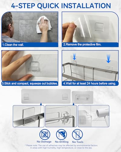 AceMining Estanteria Baño, 3 Pack Plateado Organizador Pared, Estanteria Baño Ssin taladro Adhesivo, Estante Ducha Almacenaje con Gancho, Organizador Repisas - imagen 4