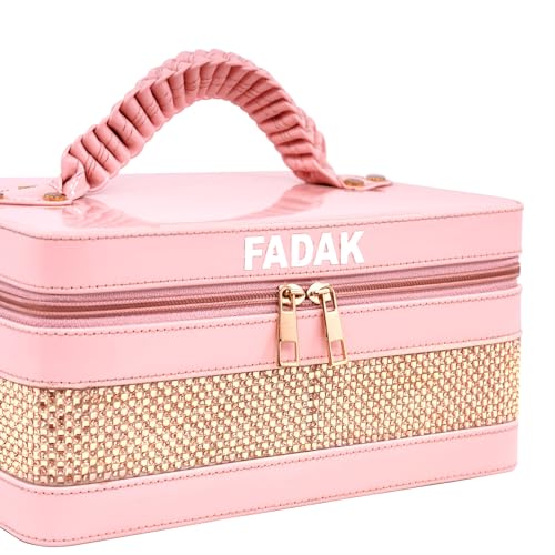 Image of FADAK Faux Leather Cosmetic Makeup for Beauty Case Wedding Makeup Brushes Pouch Tikli Organizer Travel Large Vanity Mirror Box Storage Bag Jewelry Bridal Box (Rani Pink)