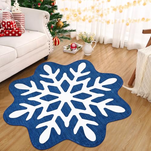 GarveeHome 4' Round Snowflake Christmas Area Rug, Low Pile Synthetic, Machine Washable, Water Resistant, Stain Resistant, Non Slip, Soft, Comfortable, Ideal for Living Room, Bedroom, Office, Snow|Blue