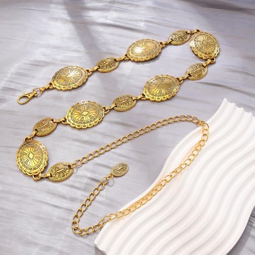 MILAKOO Chains Waist Belt for Women Bohemian Western Style Concho Charms Link Chains Belts for Dresses Jeans3