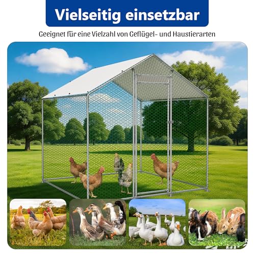 Thanaddo Hühnerstall Metall Freilaufgehege, 2x2 m Freilaufgehege Hühner mit PE-Tuch, Verzinkter Stahl Kleintierstall mit Riegelsystem-Tür für Hühner Haustierkäfig Hühnerkäfig Kleintiere Garten