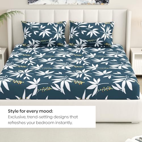 Image of Rivermoor 200 TC Ultrasoft Elastic Fitted Bedsheet for Double Bed | Queen Size Bed Sheet with 2 Pillow Covers | Blue White Printed| 72 x 78 x 10 Inches | Breathable & Hypoallergenic
