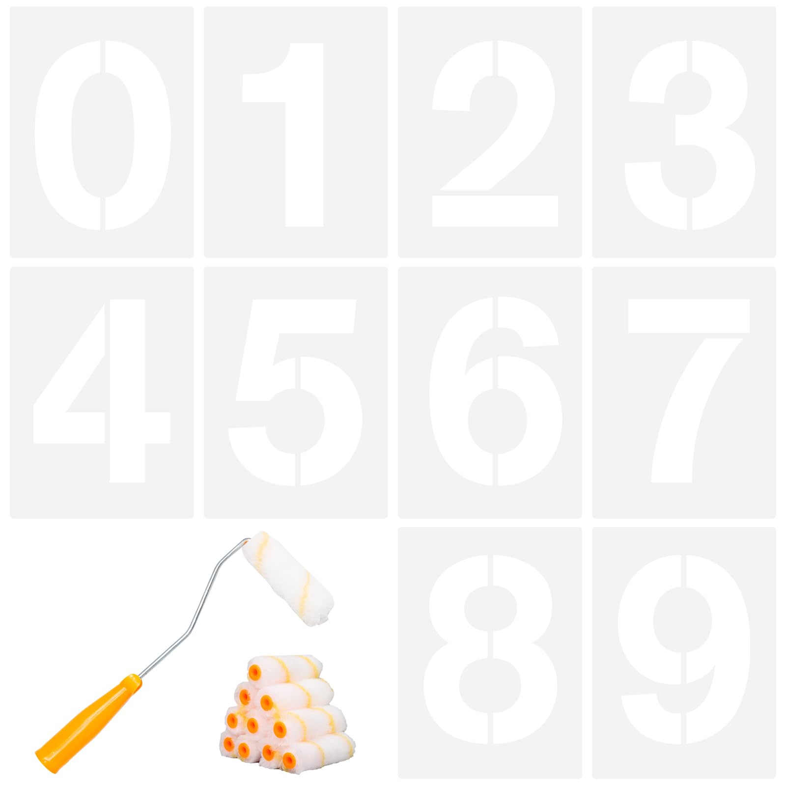 10 Pcs 30cm Grand Pochoir Numéro avec Mini Rouleau de Peinture Pochoirs Chiffres de 0 à 9 Réutilisables en Plastique Pour Marquer les Places de Parking des Garages, Projets Artistiques