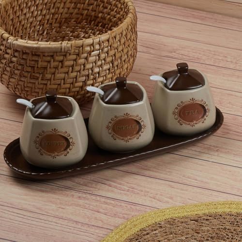 Image of SASASA Ceramic Condiments Container set of 3 with Tray & Spoon | Spice Jars for Kitchen, Sugar Bowl, Pickle Pot & Seasoning Storage Organizer | Condiment Jar Set for Home & Dining, Brown (11181)
