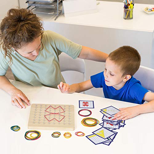 Ulikey Jouet Géoboard en Bois avec Cartes de Motifs D'activité et Rubber Band, Jeux Montessori Tableau Bloc Bord Geo Jouet d'apprentissage Graphique pour Enfants