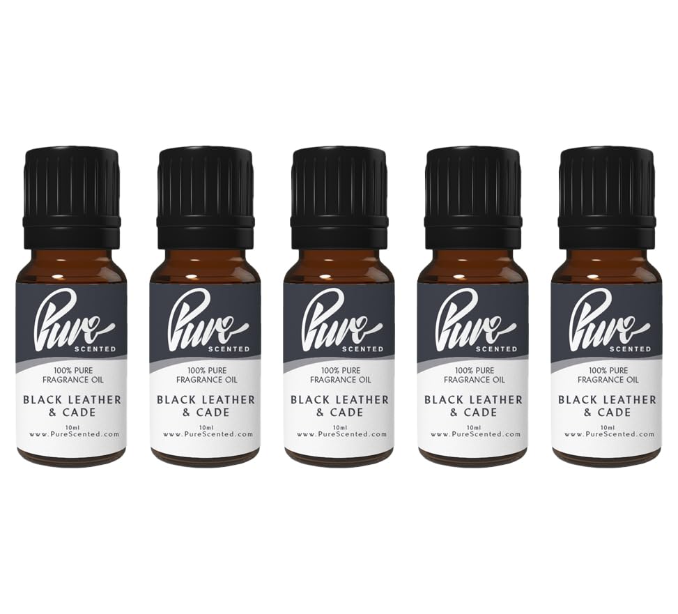 Pure Scented 50ml Fragrance Oils - 5 x 10ml Suitable for Candles, Soaps, Slime, Diffusers, Cosmetics, Wax Melts, Designer (5 x 10ml, Black Leather & Cade)