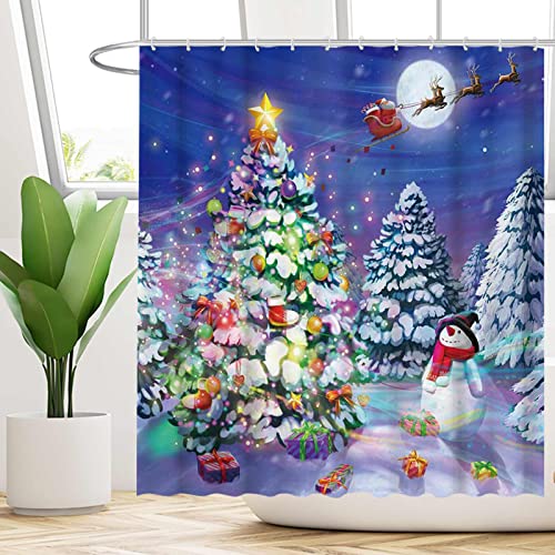 Allenjoy 72x72 Inch Snowy Forest Shower Curtain for Bathroom Sets Winter Christmas Moon Snowman Home Bath Decor Decoration Durable Waterproof Fabric Machine Washable Curtains with 12 Hook