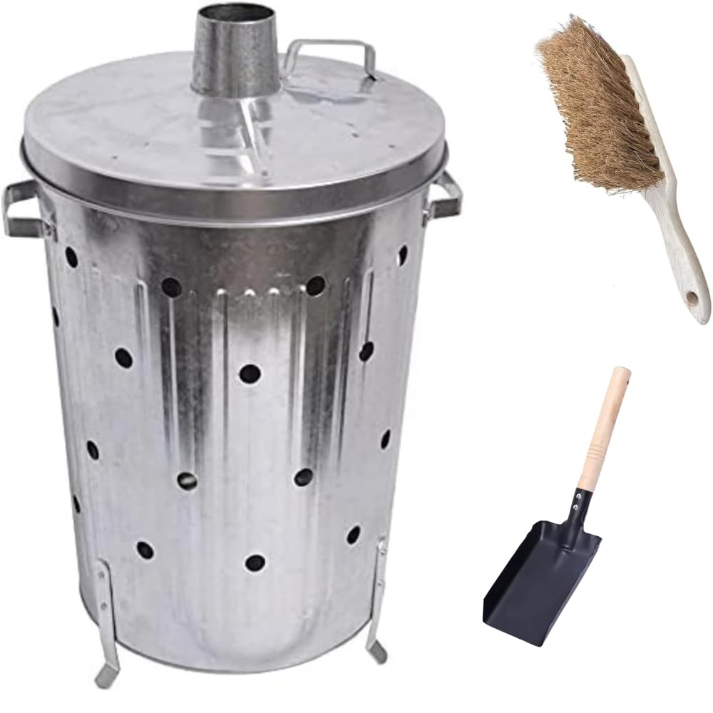 Trendi 90 Litre Extra Large 90L Galvanised Metal Incinerator + Shovel Recycle Garden Rubbish Fire Wood Burner Burning Leaves Hot Ash Bucket Coal & Box Lid (90L Incinerator & Shovel) — view 8