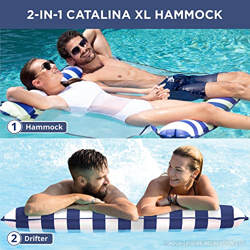 Image of Aqua 2-in-1 Catalina XL Pool Float & Water Hammock - 1-2 Person, Multi-Purpose Inflatable Pool Floats for Adults - Patented Thick, Non-Stick PVC Material - Navy /White Stripe