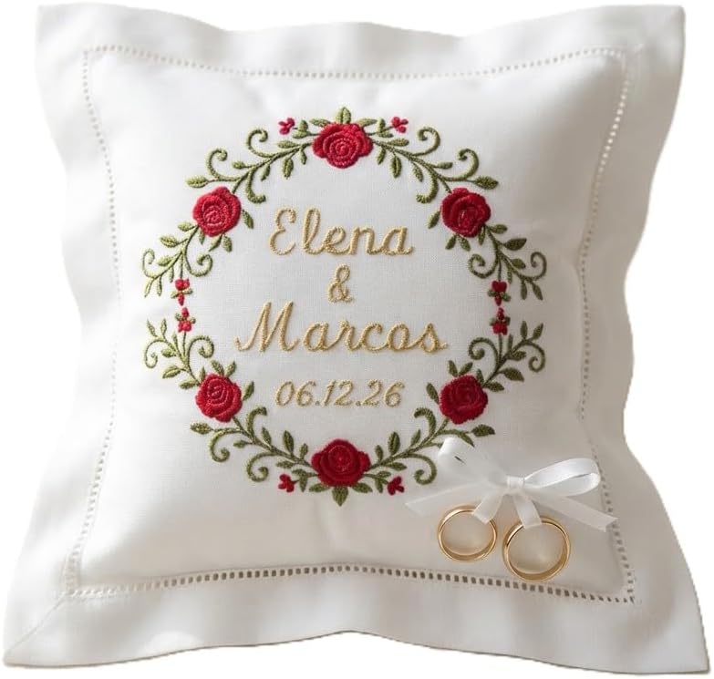 Personalized Embroidered Ring Bearer Pillow, Custom Floral Ring Holder, Names & Date Ceremony Cushion, Personalized Wedding Gift